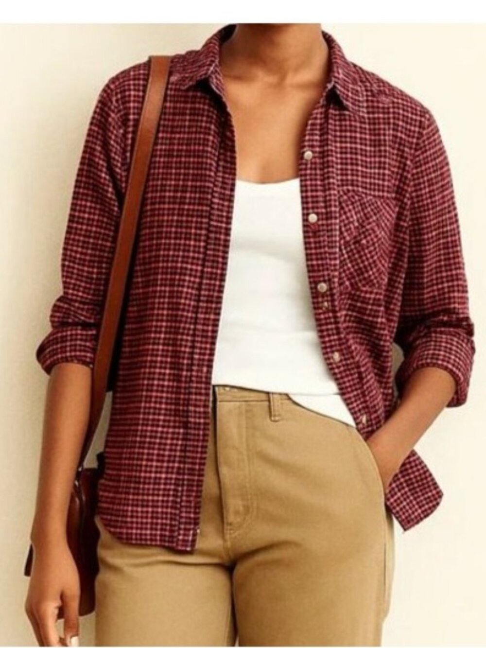 J Crew Womens 6 Plaid Flannel Shirt Red Pink Black Cotton Classic Fit NWT